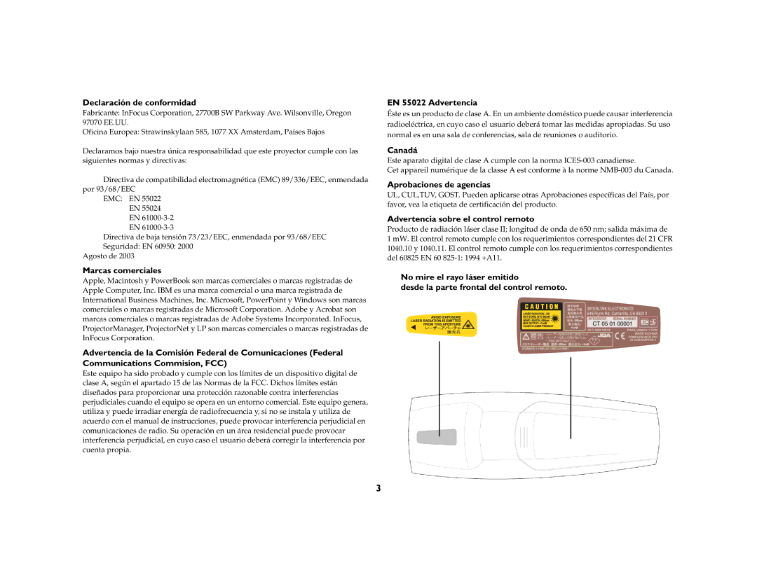 InFocus LP 840 Declaración de conformidad, Marcas comerciales, EN 55022 Advertencia, Canadá, Aprobaciones de agencias 