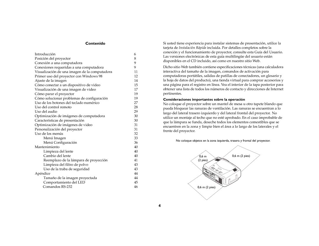 InFocus LP 850, LP 860, LP 840 manual Contenido, Consideraciones importantes sobre la operación 