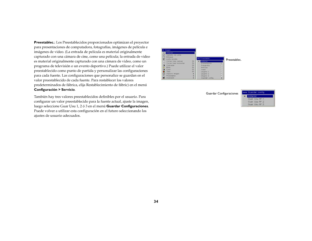 InFocus LP 850, LP 860, LP 840 manual Preestablec Guardar Configuraciones 