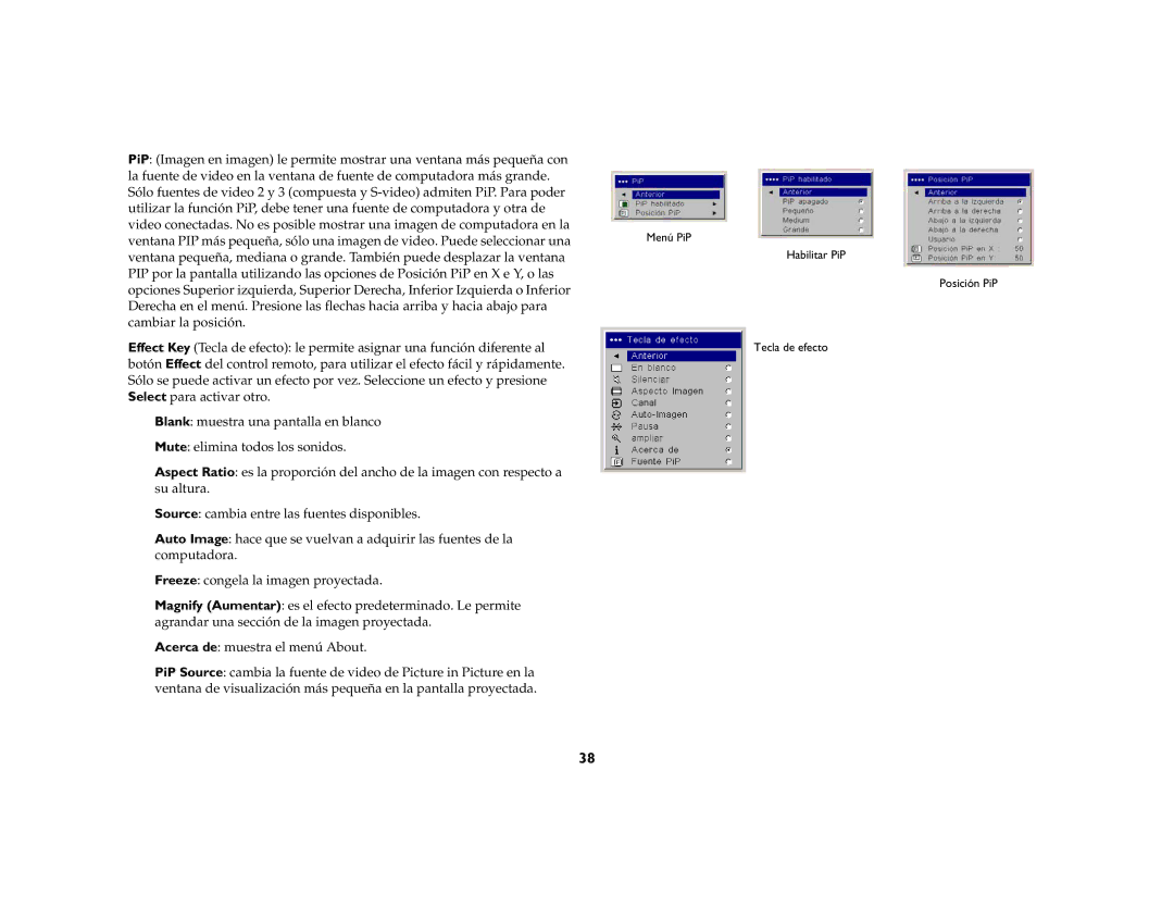 InFocus LP 860, LP 850, LP 840 manual Habilitar PiP Posición PiP Tecla de efecto 