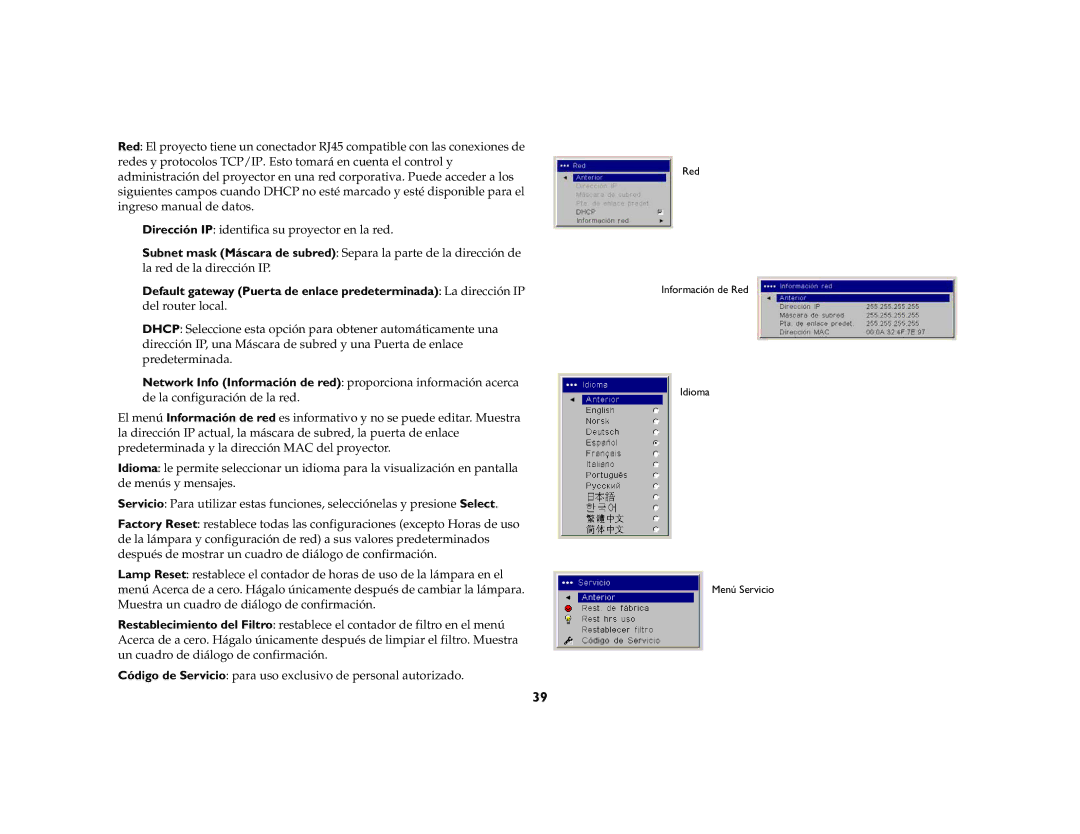InFocus LP 840, LP 850, LP 860 manual Red Información de Red Idioma Menú Servicio 