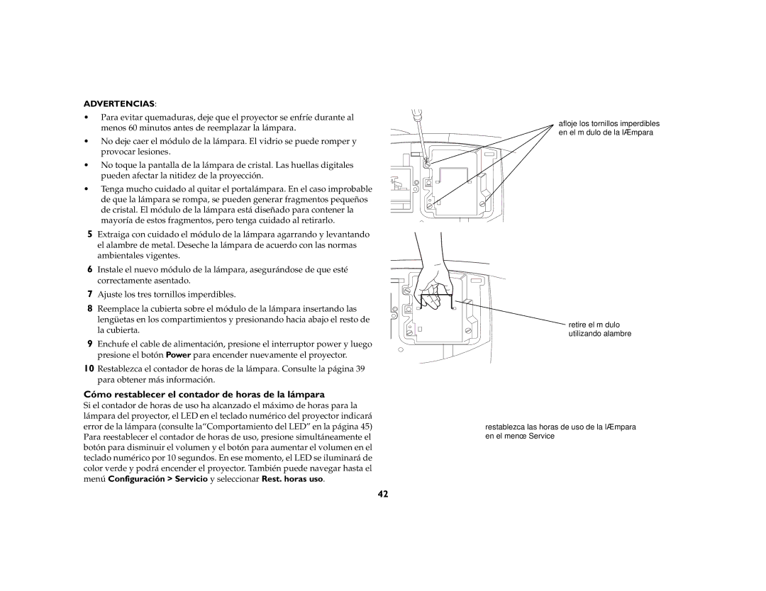 InFocus LP 840, LP 850, LP 860 manual Cómo restablecer el contador de horas de la lámpara, Advertencias 