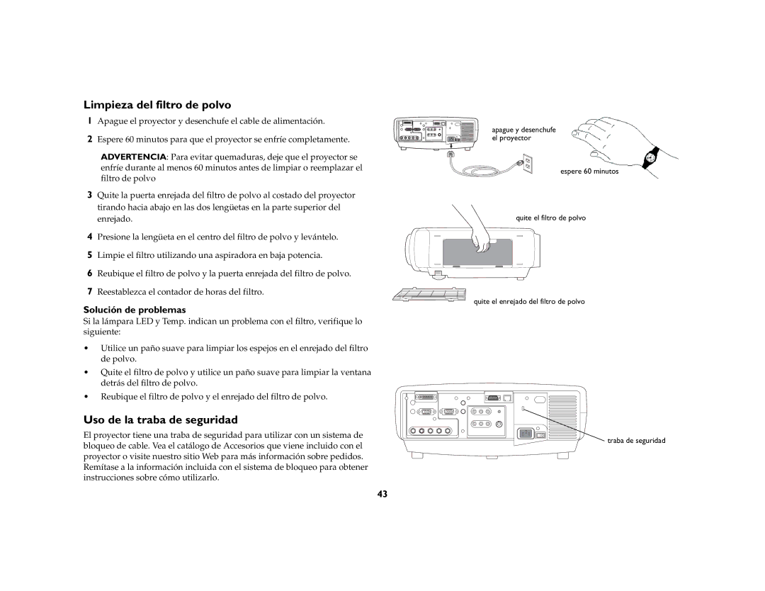 InFocus LP 850, LP 860, LP 840 manual Limpieza del filtro de polvo, Uso de la traba de seguridad, Solución de problemas 