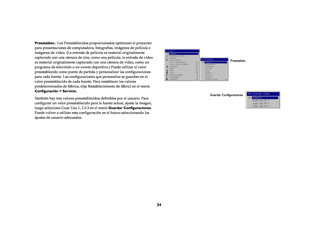 InFocus LP 850, LP 860, LP 840 manual Preestablec Guardar Configuraciones 