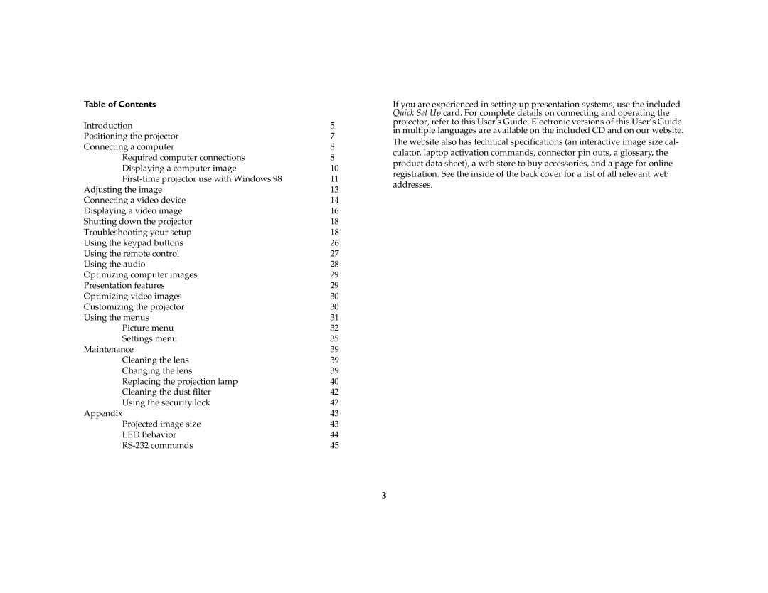 InFocus LP 860 manual Table of Contents 