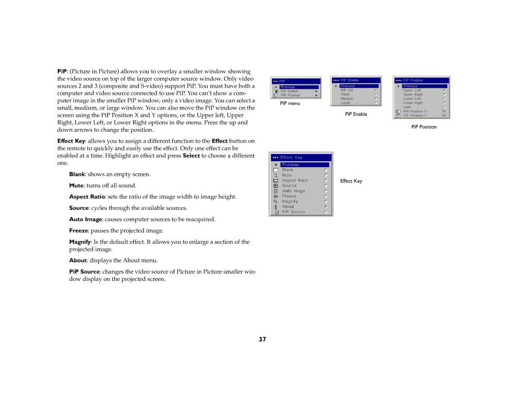 InFocus LP 860 manual PiP Enable PiP Position Effect Key 