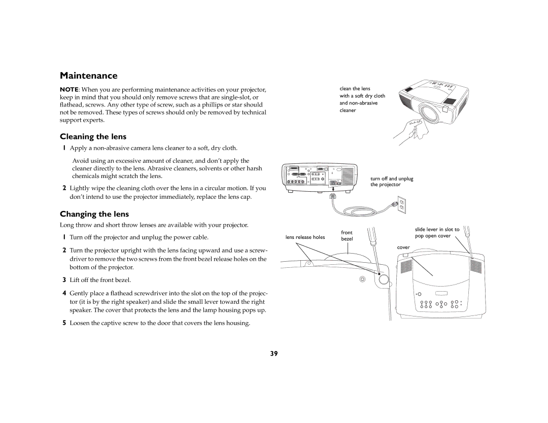 InFocus LP 860 manual Maintenance, Cleaning the lens, Changing the lens 