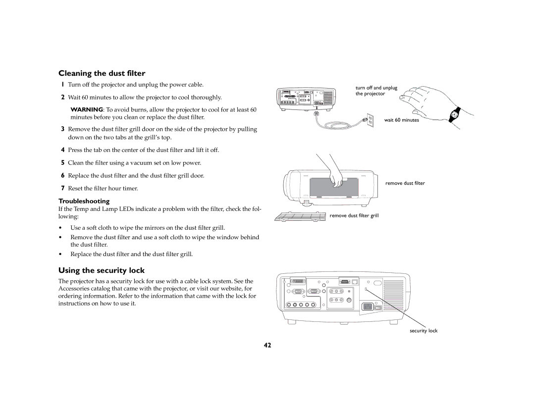 InFocus LP 860 manual Cleaning the dust filter, Using the security lock, Troubleshooting 