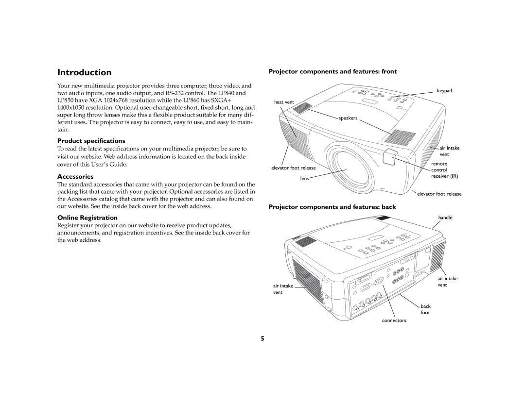 InFocus LP 860 manual Introduction, Accessories, Online Registration, Projector components and features back 