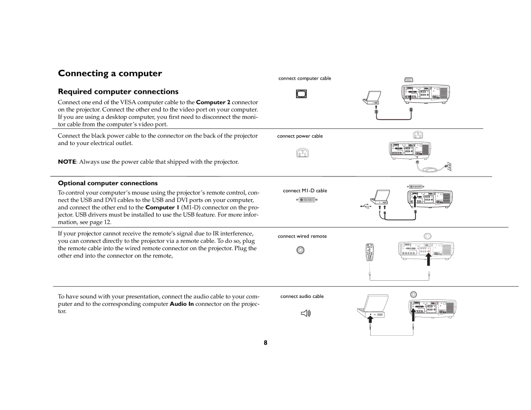 InFocus LP 860 manual Connecting a computer, Required computer connections, Optional computer connections 