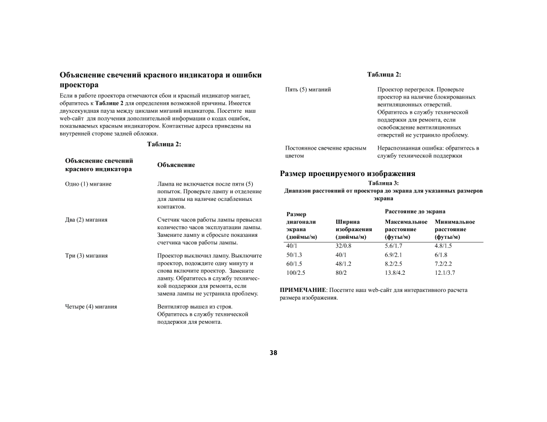 InFocus LP120 manual Объяснение свечений красного индикатора и ошибки проектора, Размер проецируемого изображения, Таблица 