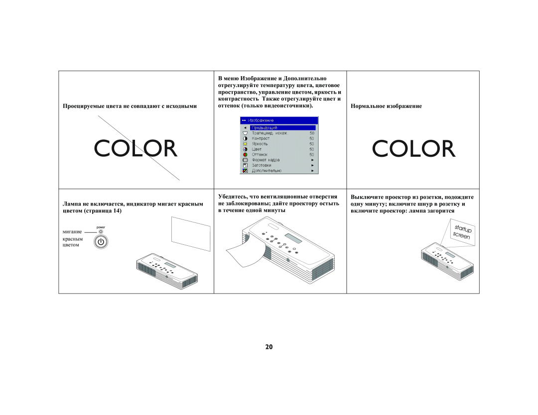 InFocus LP120 manual Color, Проецируемые цвета не совпадают с исходными, Нормальное изображение 