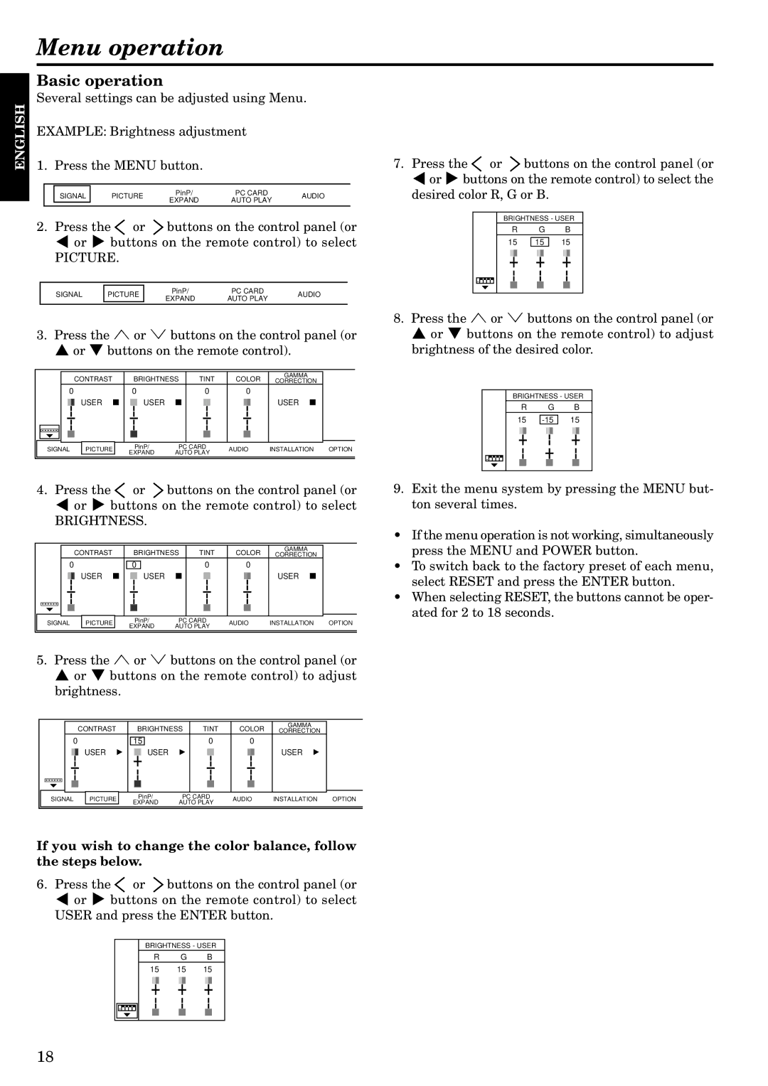 InFocus LP1200 appendix Menu operation, Basic operation, Picture, Brightness 