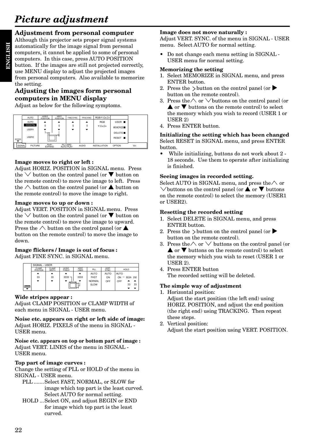 InFocus LP1200 appendix Picture adjustment, Adjustment from personal computer 