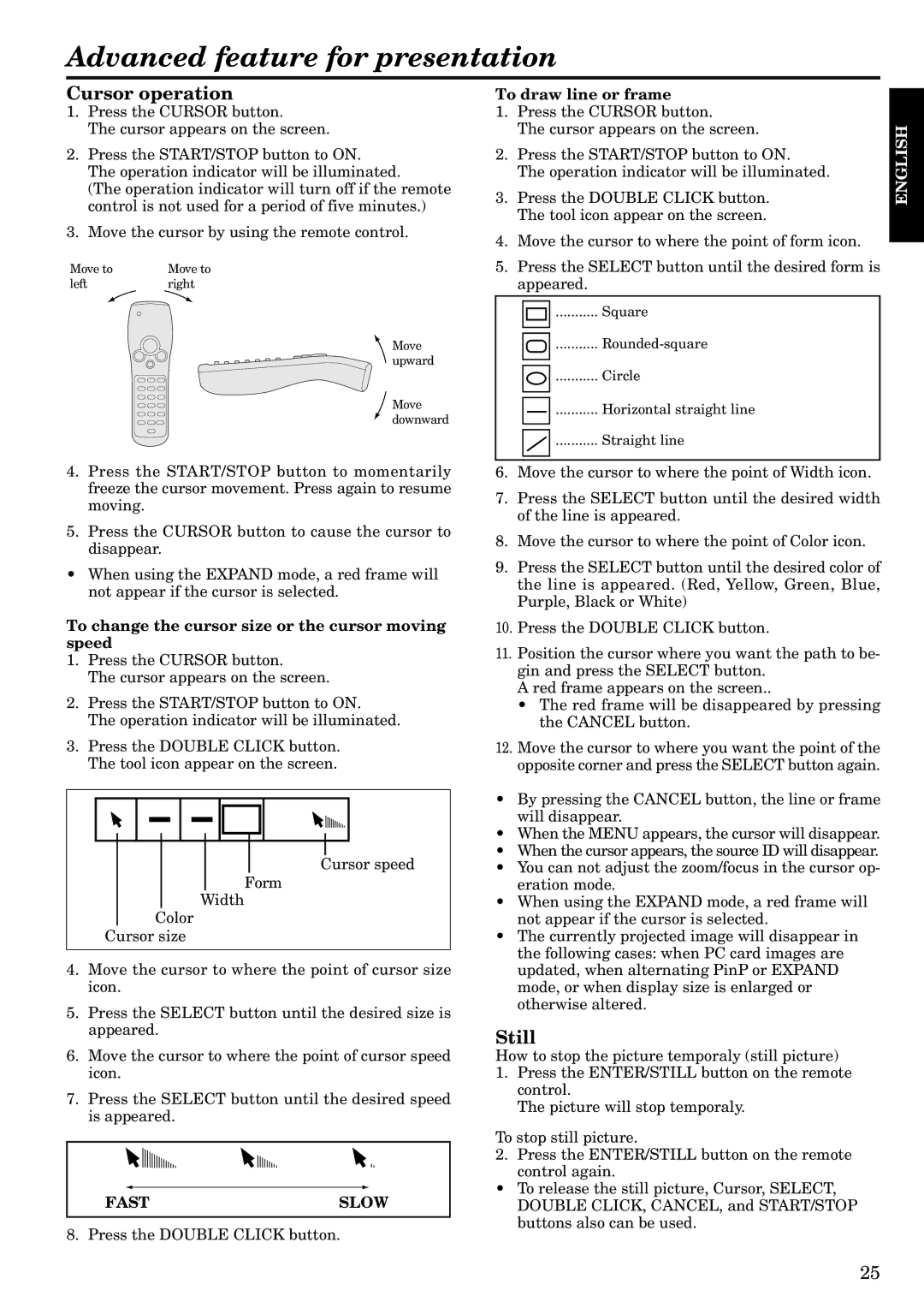 InFocus LP1200 appendix Advanced feature for presentation, Cursor operation, Still, Fastslow 