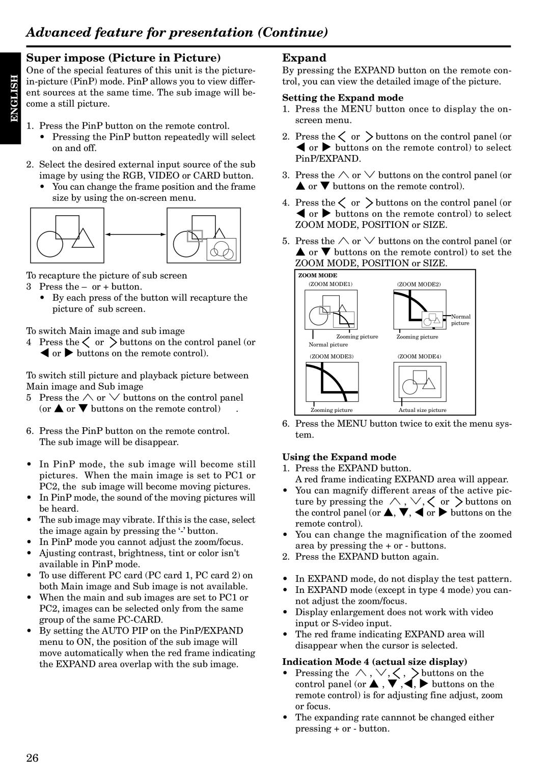 InFocus LP1200 appendix Super impose Picture in Picture, Setting the Expand mode, Using the Expand mode 