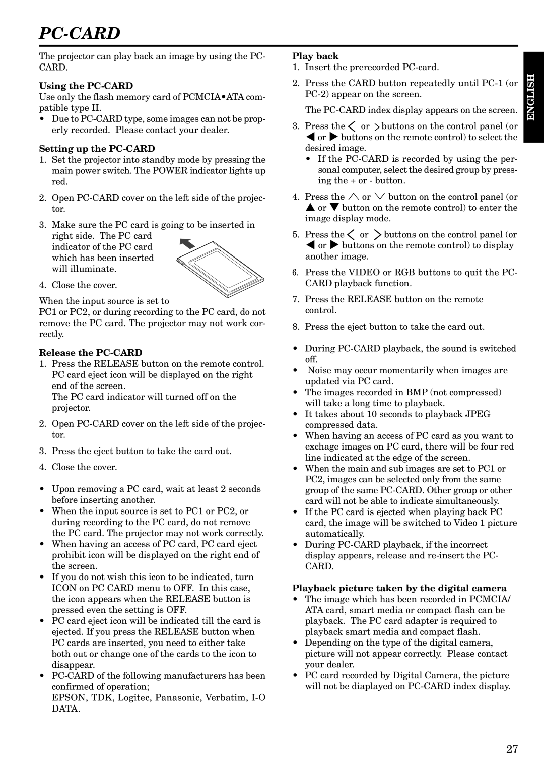 InFocus LP1200 appendix Using the PC-CARD, Setting up the PC-CARD, Release the PC-CARD, Play back 