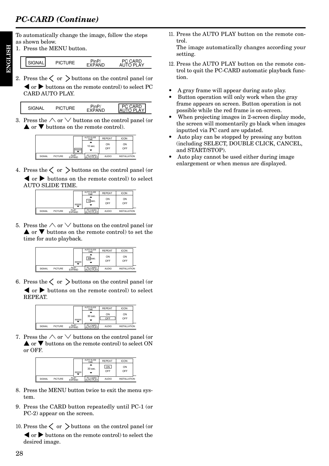 InFocus LP1200 appendix PC-CARD Continue, Card Auto Play 