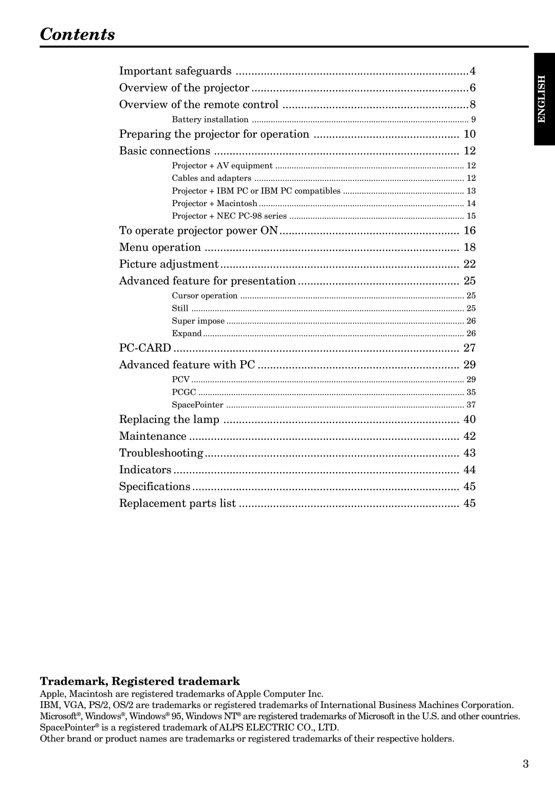 InFocus LP1200 appendix Contents 