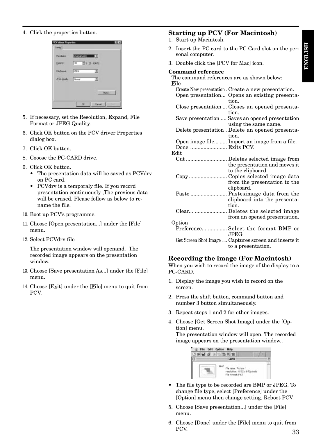 InFocus LP1200 appendix Starting up PCV For Macintosh, Recording the image For Macintosh, Command reference, Jpeg 