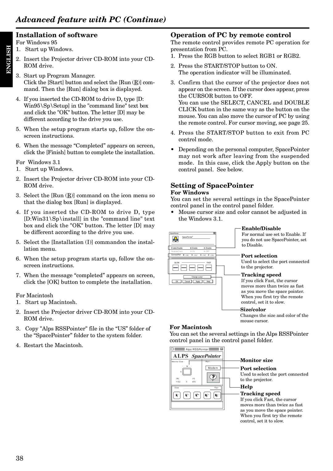 InFocus LP1200 appendix Operation of PC by remote control, Setting of SpacePointer, For Windows 