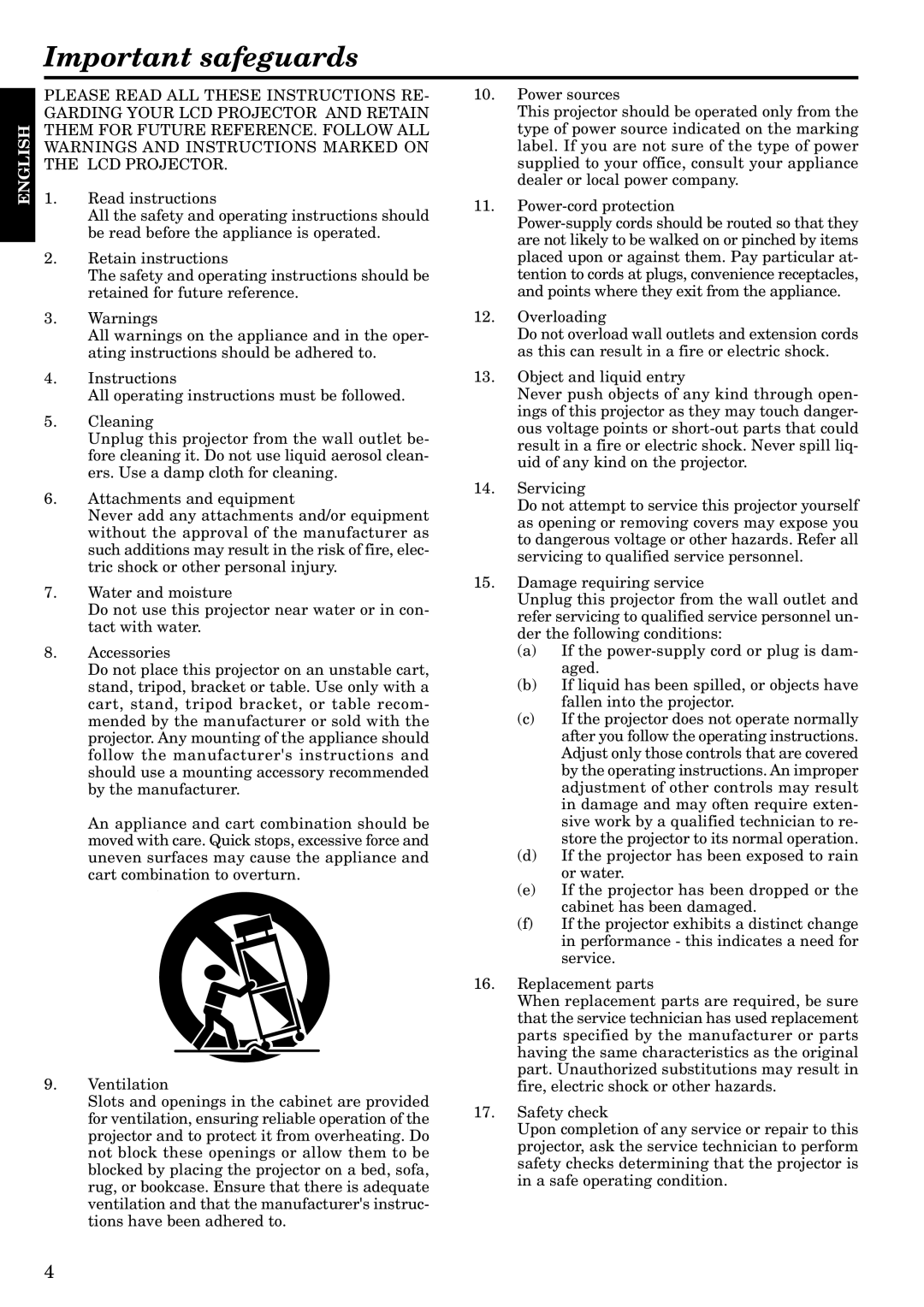 InFocus LP1200 appendix Important safeguards 