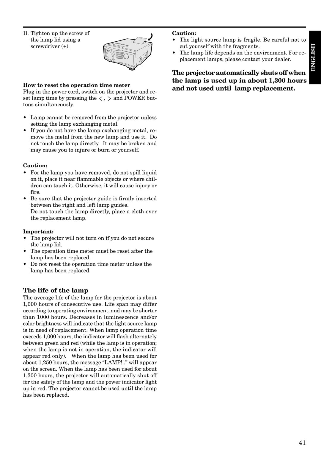 InFocus LP1200 appendix Life of the lamp, How to reset the operation time meter 