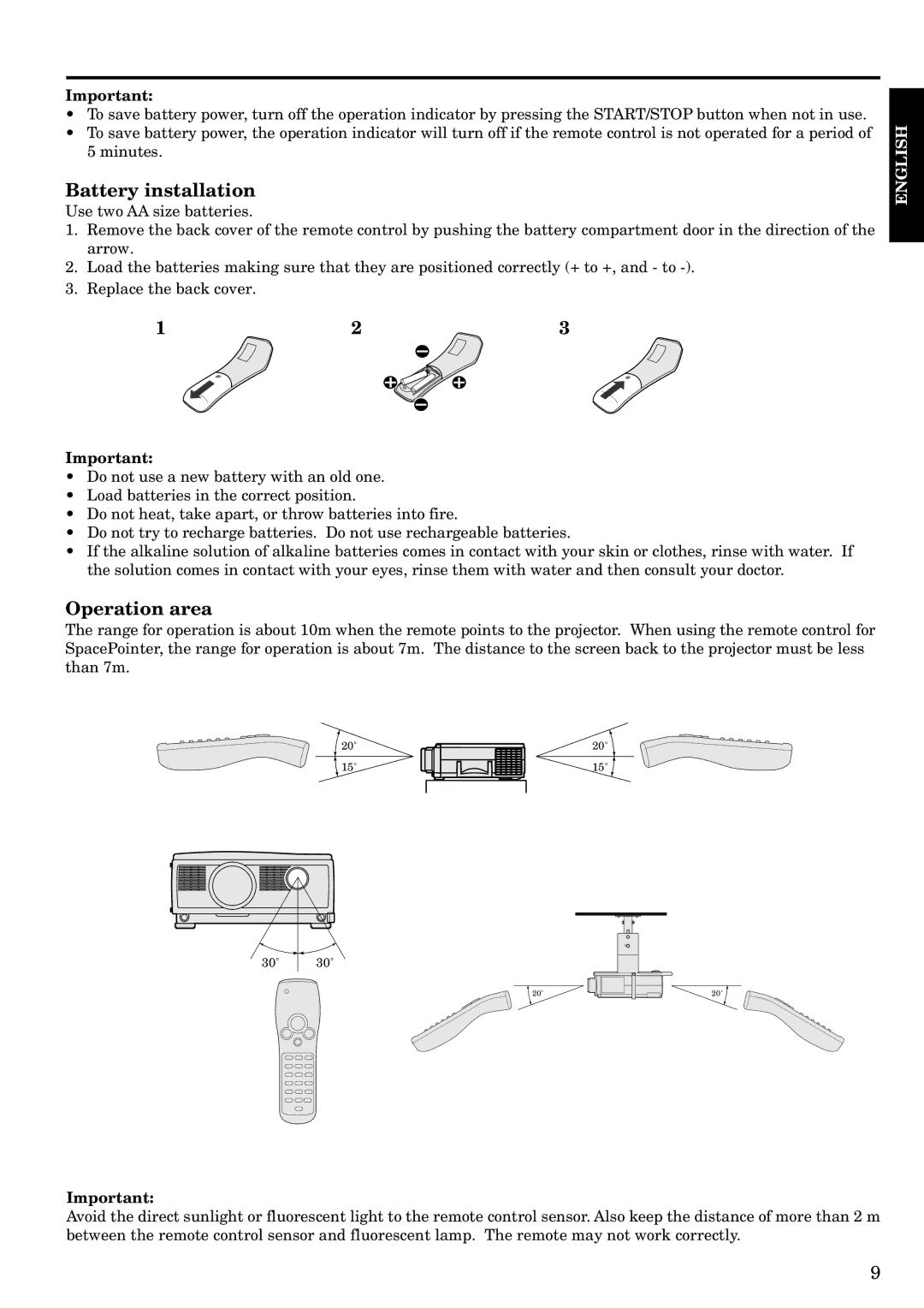 InFocus LP1200 appendix Battery installation, Operation area 