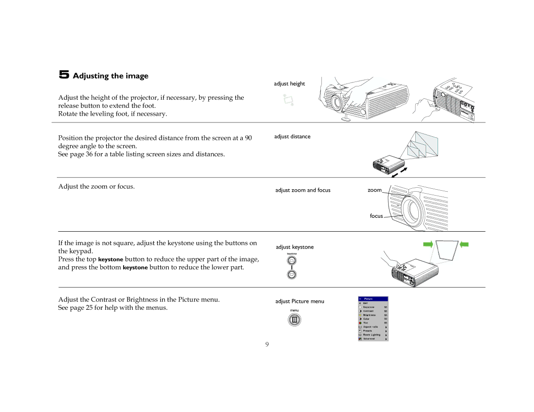 InFocus LP240, LP250 manual Adjusting the image, Ghjuhhdqjohwrwkhvfuhhq, $Gmxvwwkhrrpruirfxv, 6HHSDJH Irukhoszlwkwkhphqxv 