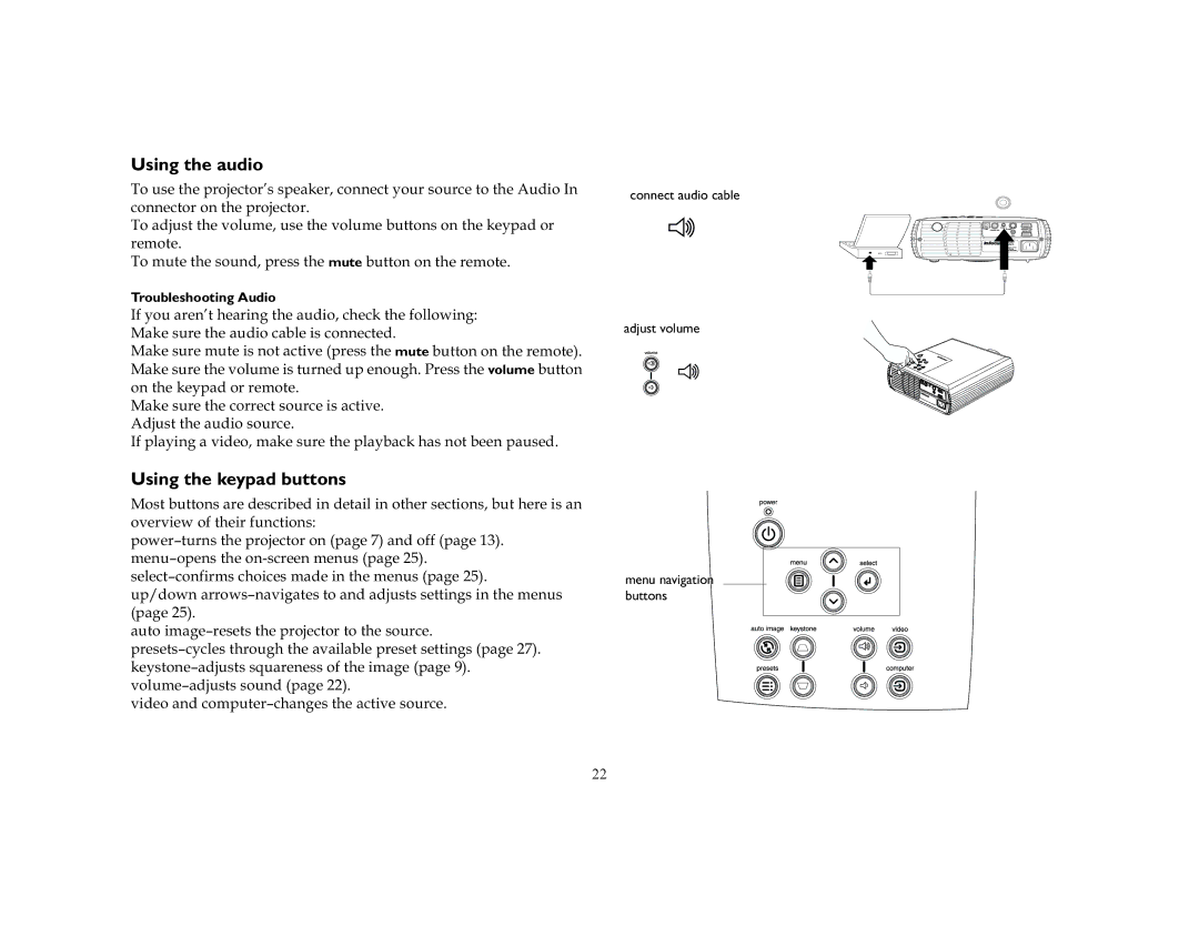 InFocus LP250, LP240 manual Using the audio, Using the keypad buttons 