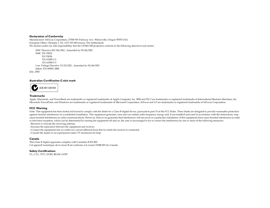 InFocus LP250, LP240 manual Safety Certifications 