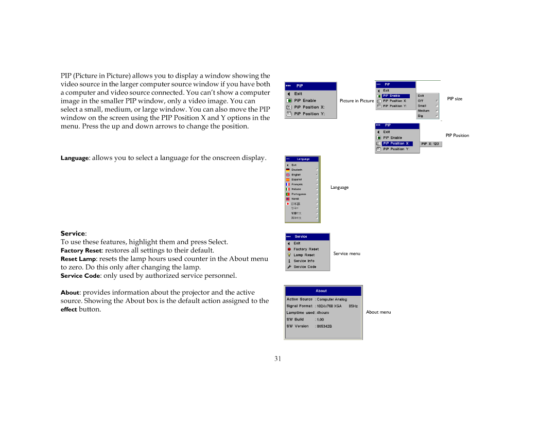 InFocus LP240, LP250 manual Service, 7RXVHWKHVHIHDWXUHVKLJKOLJKWWKHPDQGSUHVV6HOHFW, Wrhurrwklvrqo\Diwhufkdqjlqjwkhodps 