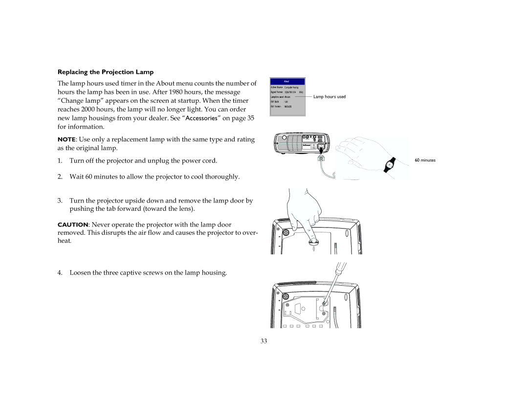 InFocus LP240, LP250 manual Replacing the Projection Lamp, Irulqirupdwlrq 7XUQRIIWKHSURMHFWRUDQGXQSOXJWKHSRZHUFRUG 