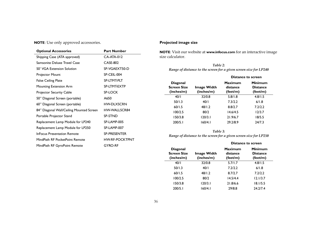 InFocus LP250, LP240 manual Projected image size, Vlhfdofxodwru 