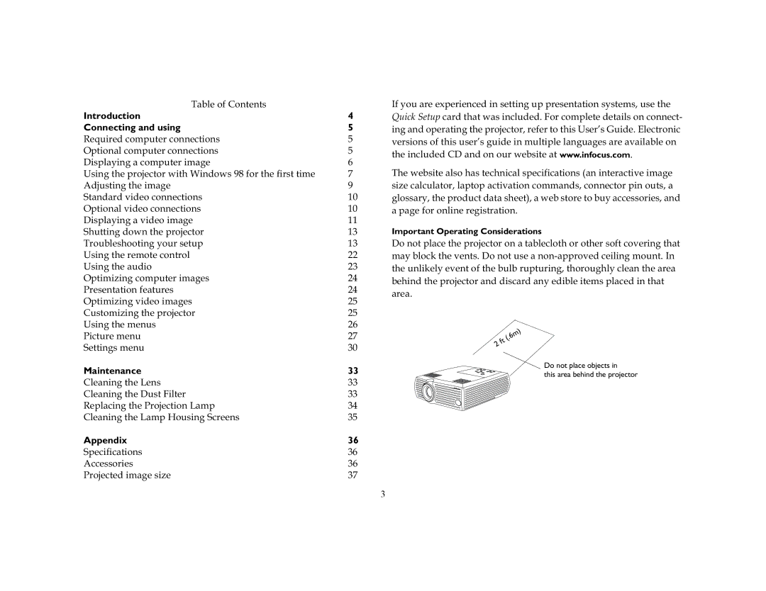 InFocus LP240, LP250 manual Introduction Connecting and using, Maintenance, Appendix 