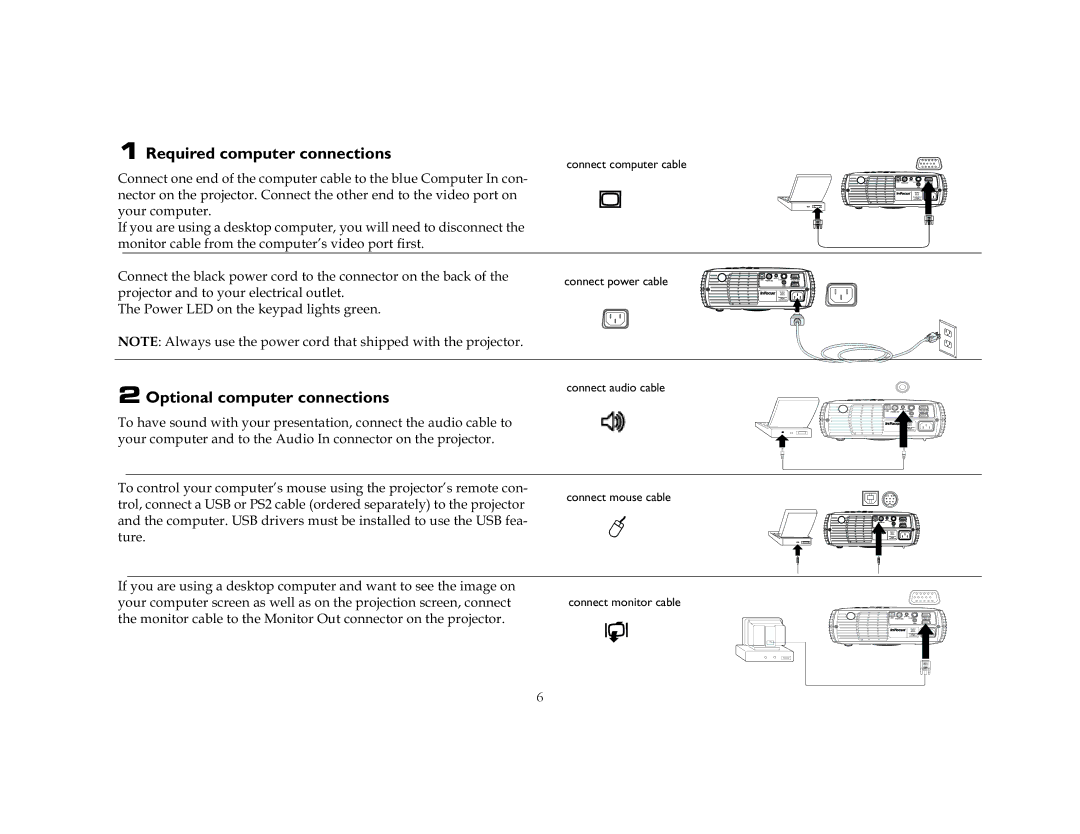 InFocus LP250, LP240 manual Required computer connections, Optional computer connections, Surmhfwrudqgwr\Rxuhohfwulfdorxwohw 