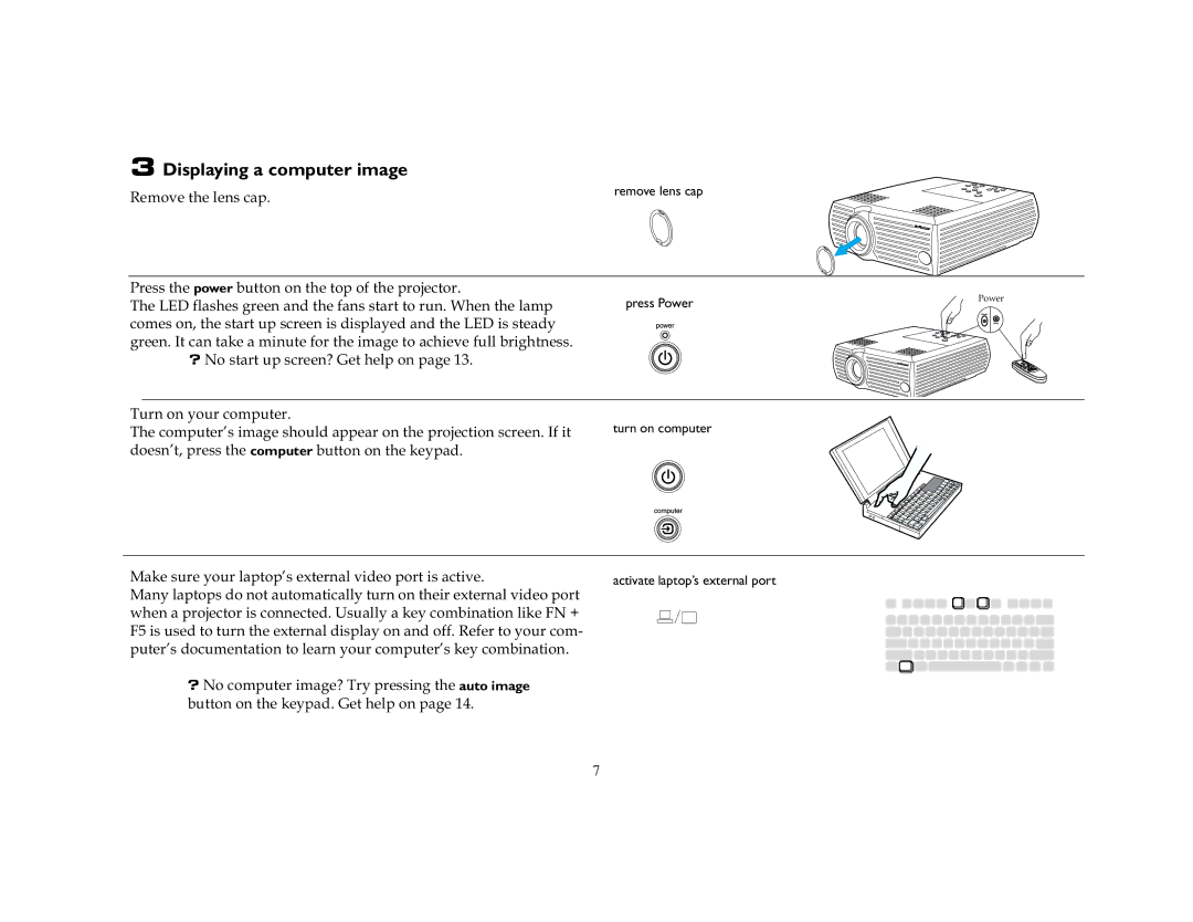 InFocus LP240, LP250 manual Displaying a computer image, 5HPRYHWKHOHQVFDS, ? 1RVWDUWXSVFUHHQ*HWKHOSRQSDJH 7XUQRQ\RXUFRPSXWHU 