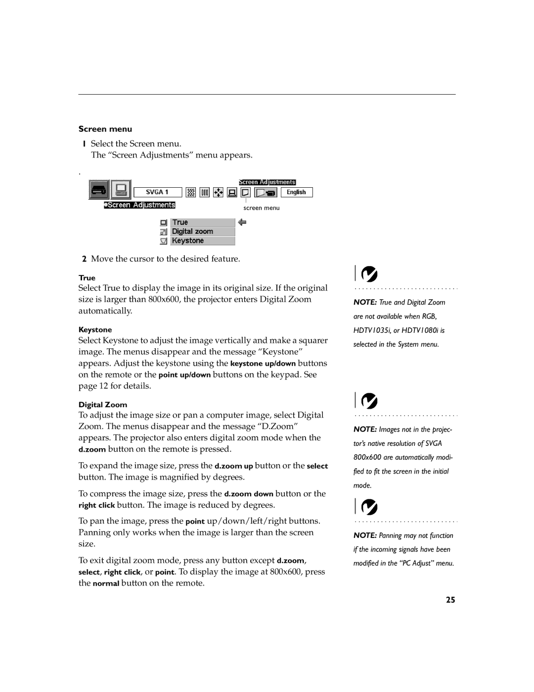 InFocus LP260 manual Screen menu 