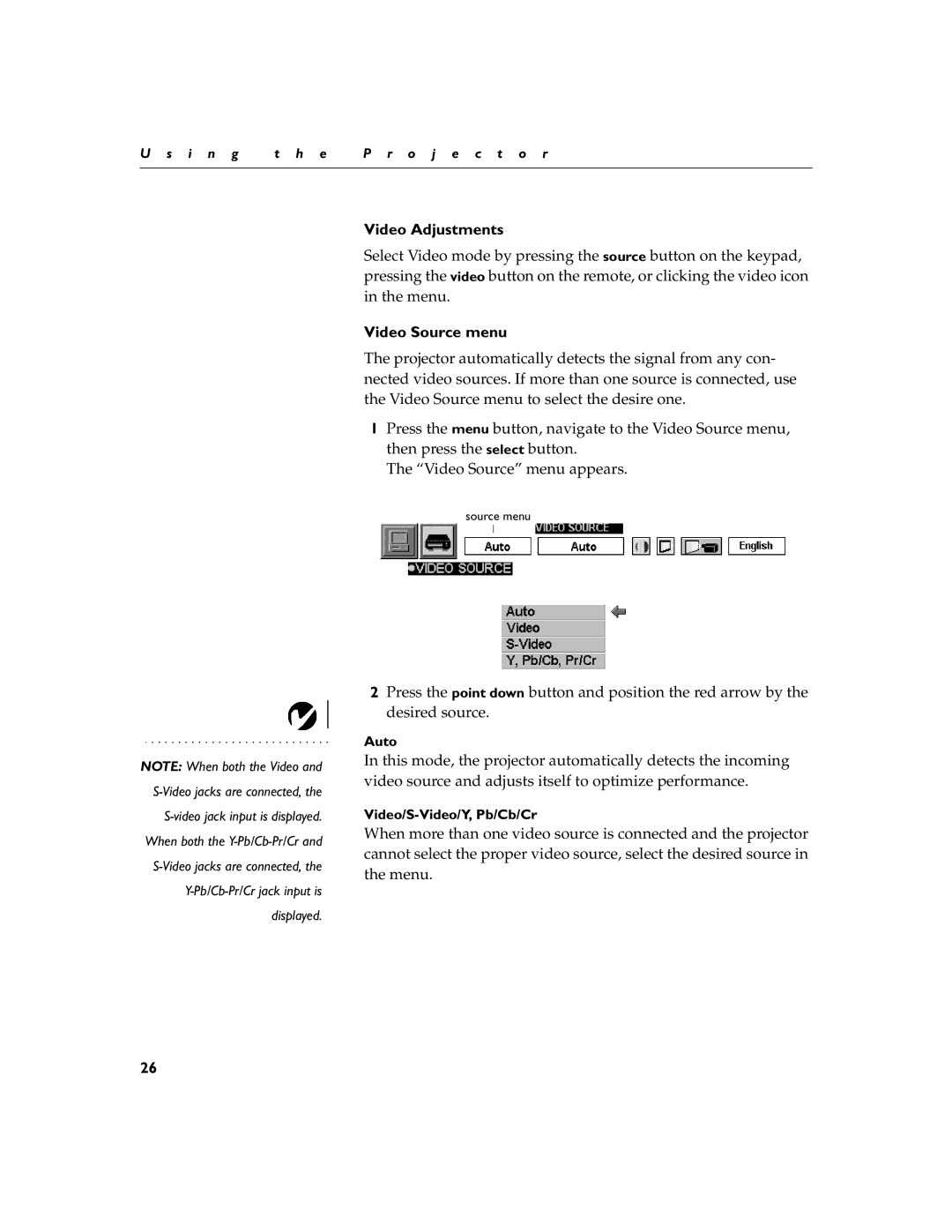 InFocus LP260 manual Video Adjustments, Video Source menu 