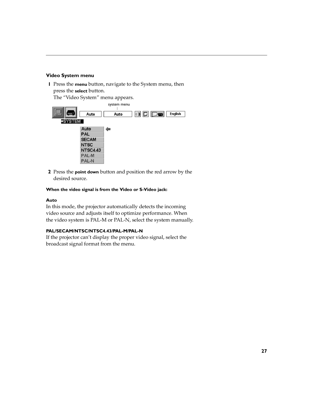 InFocus LP260 manual Video System menu 