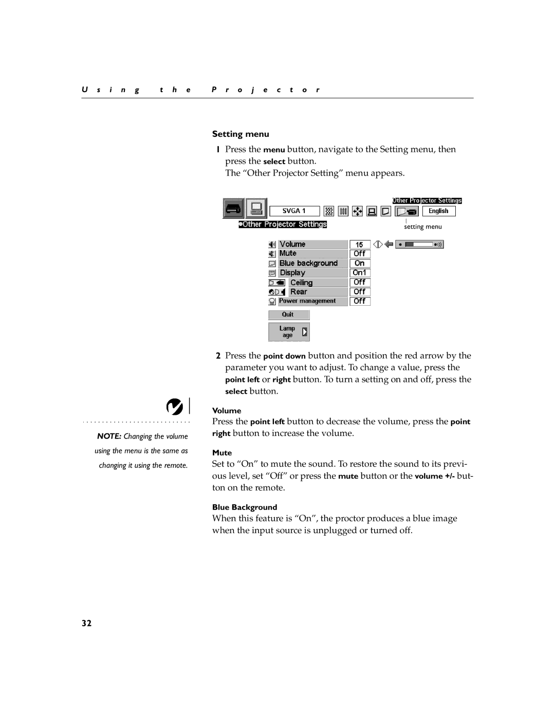 InFocus LP260 manual Setting menu 