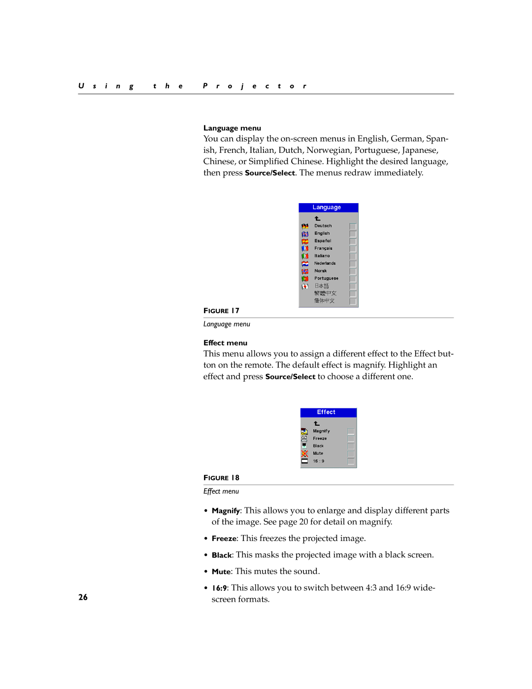 InFocus LP290, LP280 manual Language menu, Effect menu 