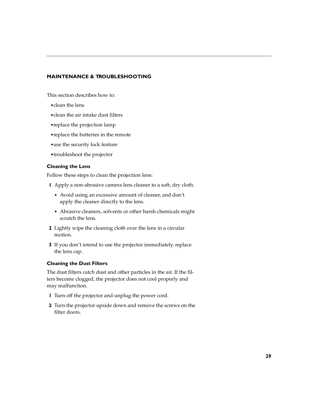 InFocus LP280, LP290 manual Maintenance & Troubleshooting, Cleaning the Lens, Cleaning the Dust Filters 