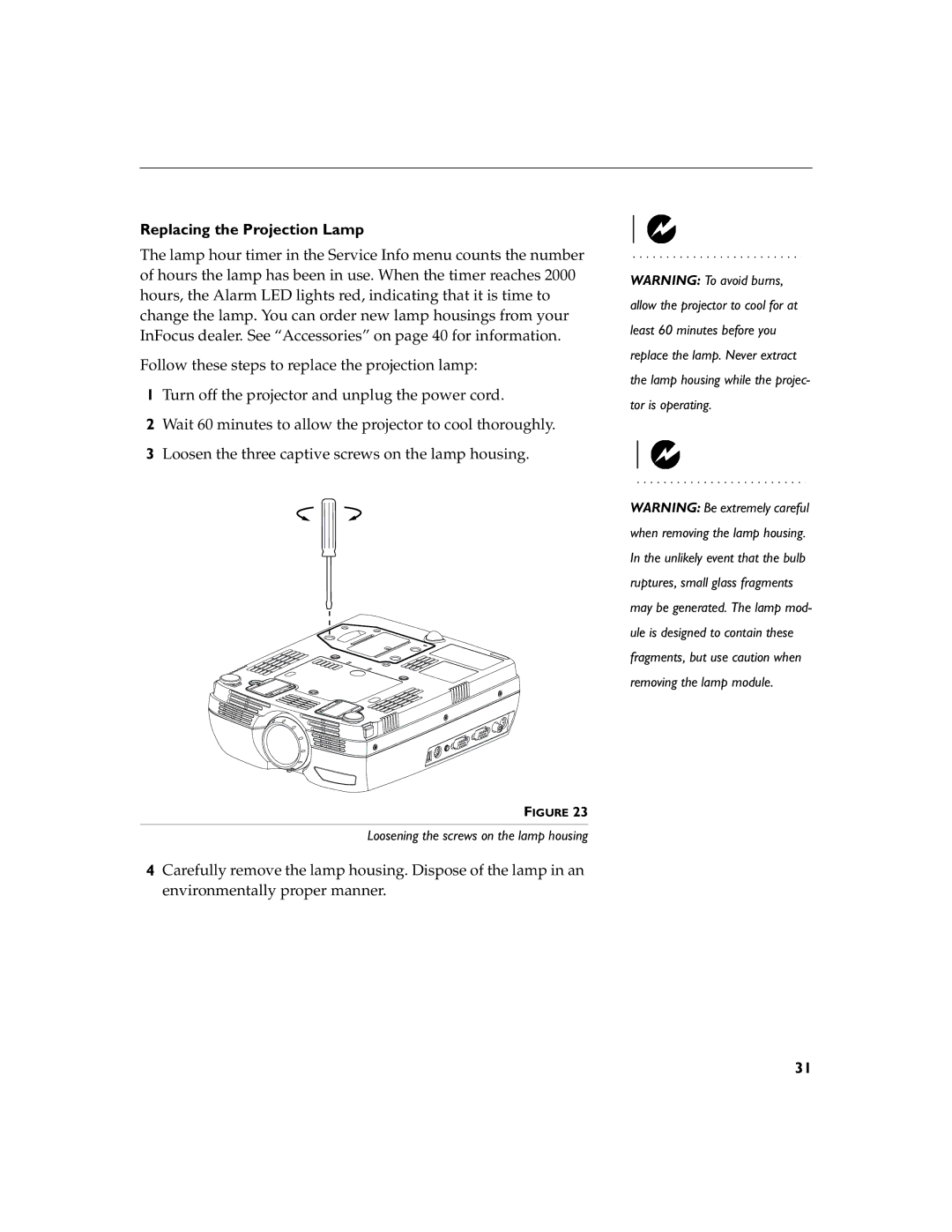 InFocus LP280, LP290 manual Replacing the Projection Lamp 