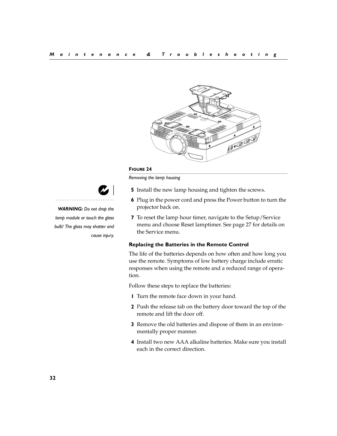 InFocus LP290, LP280 manual Replacing the Batteries in the Remote Control 