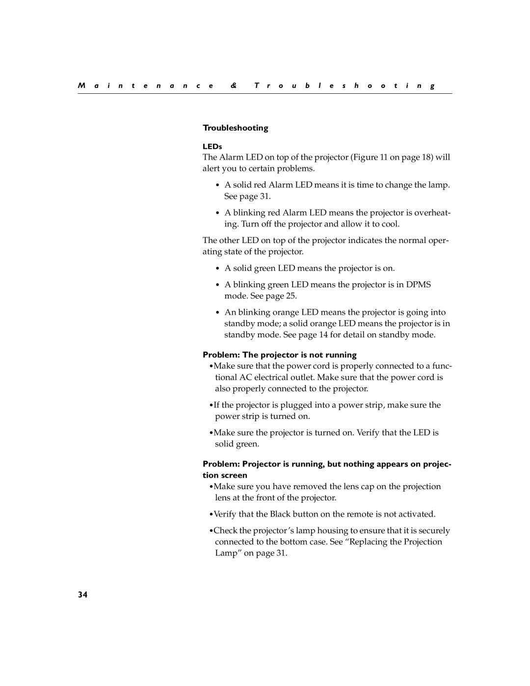 InFocus LP290, LP280 manual Troubleshooting, Problem The projector is not running, LEDs 