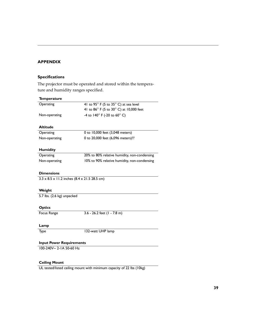 InFocus LP280, LP290 manual Appendix, Specifications 