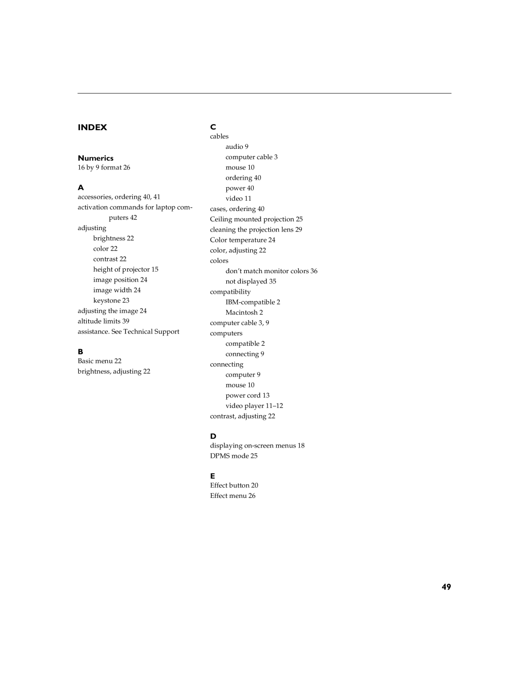 InFocus LP280, LP290 manual Index, Numerics 