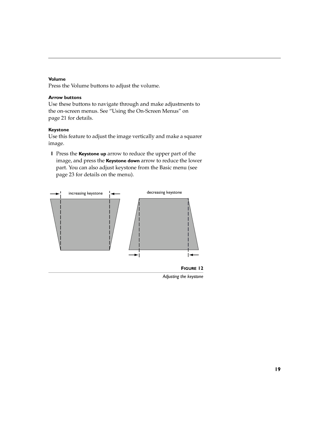 InFocus LP290 instruction manual Volume, Arrow buttons, Keystone 