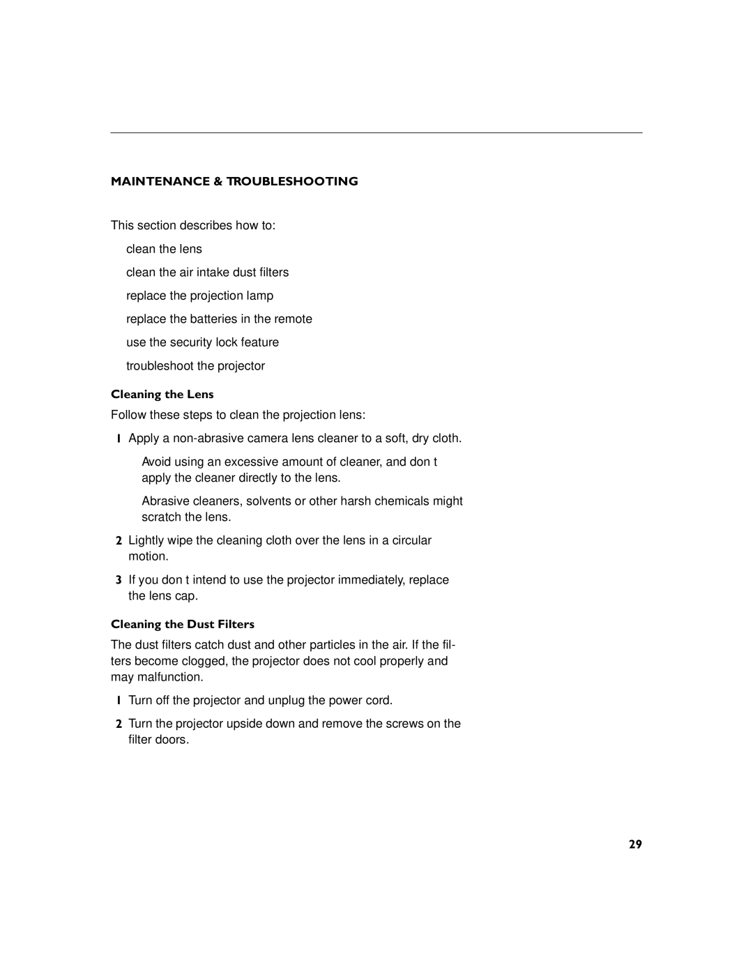 InFocus LP290 instruction manual Maintenance & Troubleshooting, Cleaning the Lens, Cleaning the Dust Filters 